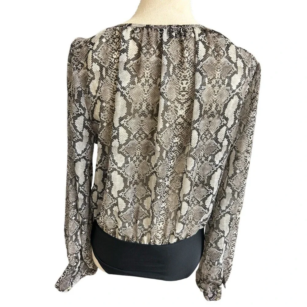 Zara Womens Sheer  Brown Black Bodysuit Snake Print Chiffon Long Sleeves Top  M